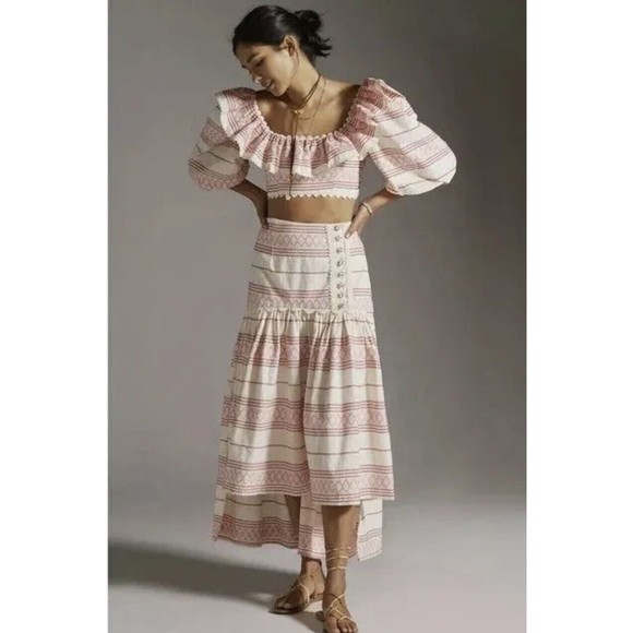 NWT Anthropologie Raissa Striped Boho High Low Pink Ivory Preppy Skirt Sz M